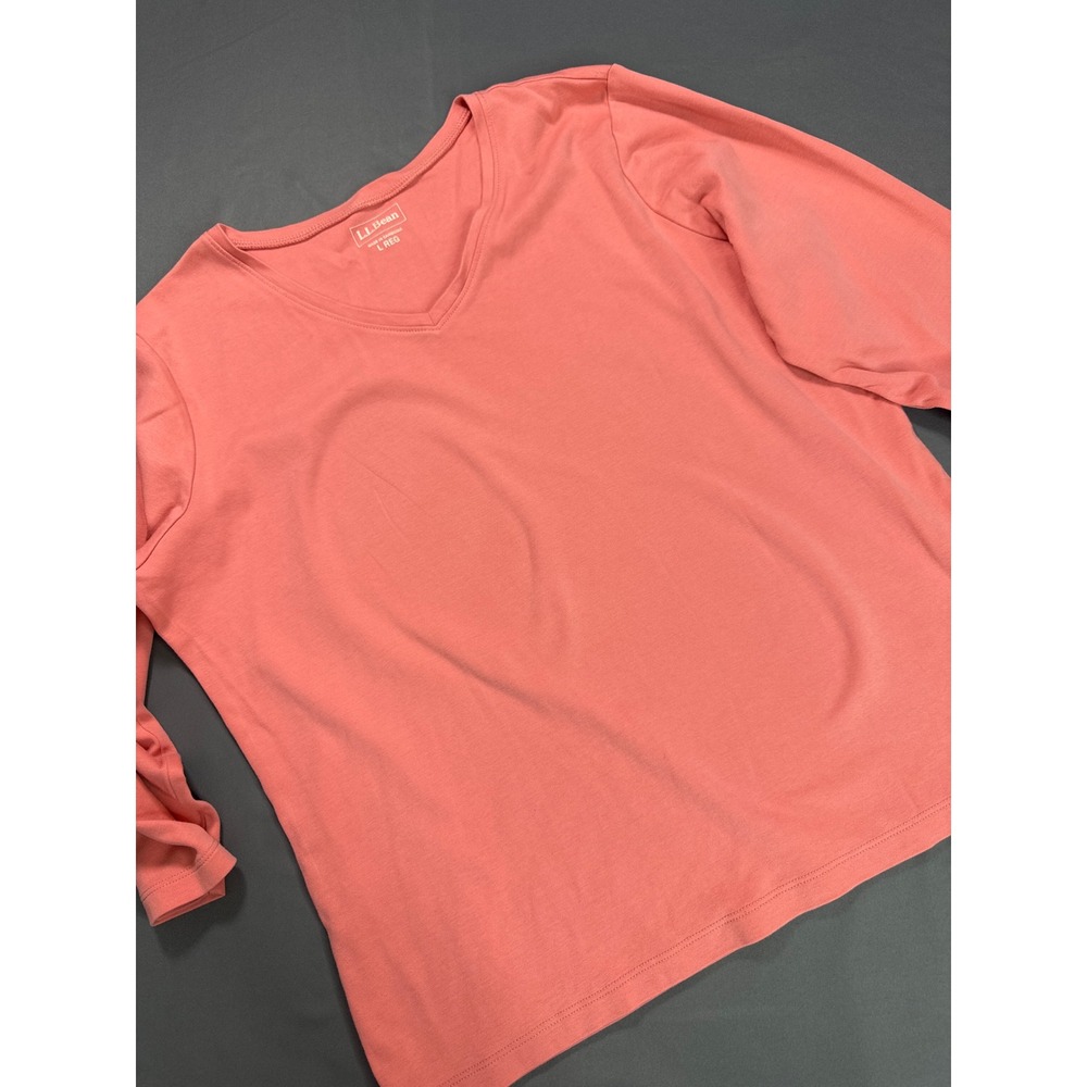 LL Bean Womens Coral Pink 100% Cotton 3/4 Sleeve V-Neck Top Size L Regular